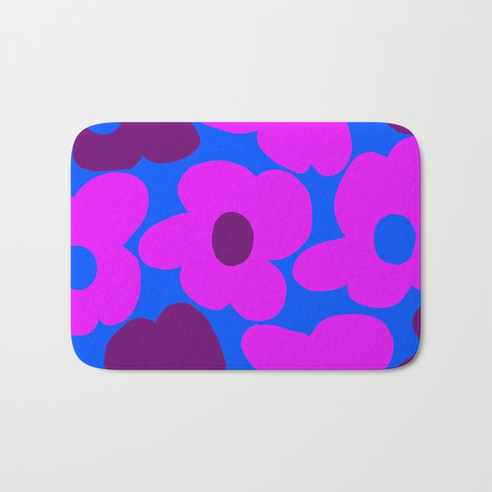 Large Pink and Purple Retro Flowers Blue Background #decor #society6 #buyart Bath Mat Gallery Image 1