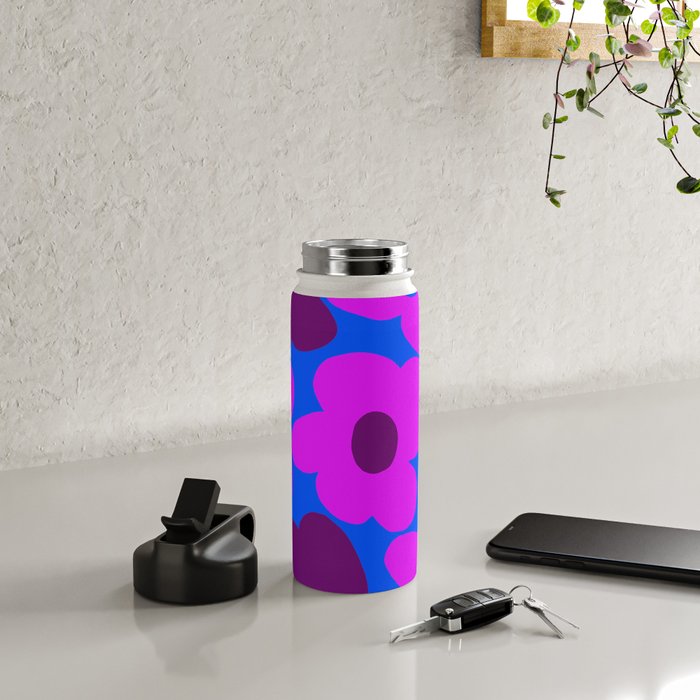 Large Pink and Purple Retro Flowers Blue Background #decor #society6 #buyart Water Bottle Gallery Image 4