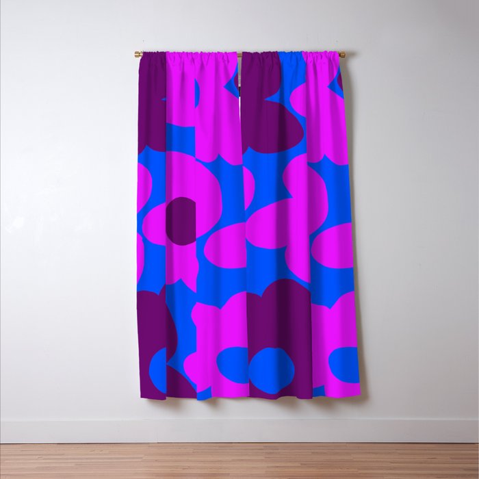 Large Pink and Purple Retro Flowers Blue Background #decor #society6 #buyart Window Curtain Gallery Image 3