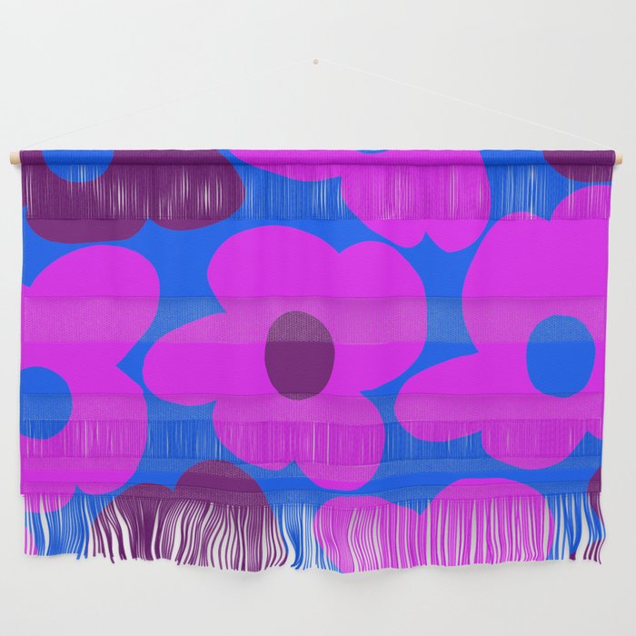 Large Pink and Purple Retro Flowers Blue Background #decor #society6 #buyart Wall Hanging Gallery Image 1