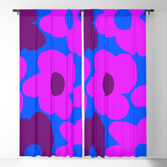 Large Pink and Purple Retro Flowers Blue Background #decor #society6 #buyart Window Curtain Gallery Image 5