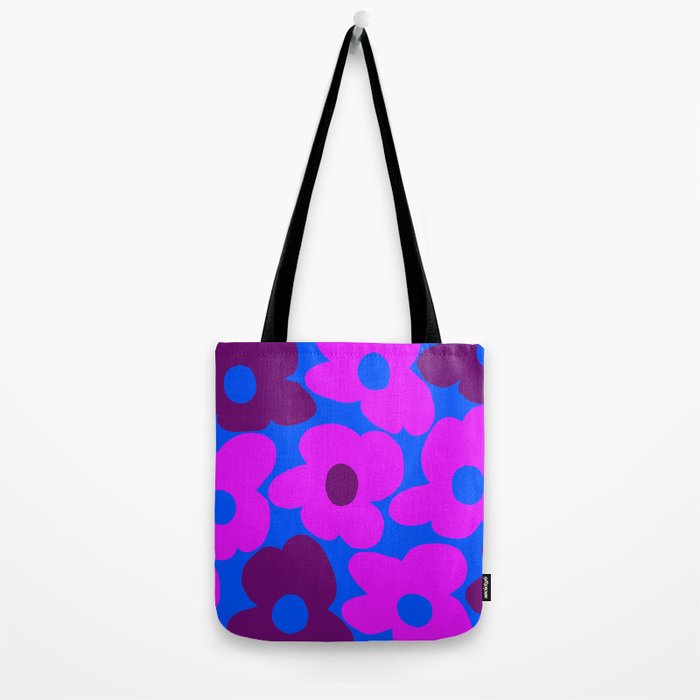 Large Pink and Purple Retro Flowers Blue Background #decor #society6 #buyart Tote Bag Gallery Image 2
