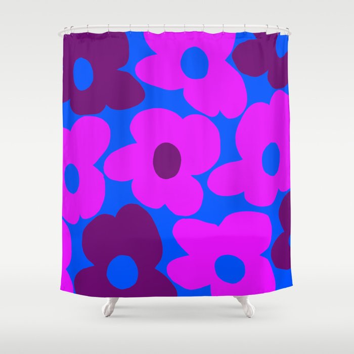 Large Pink and Purple Retro Flowers Blue Background #decor #society6 #buyart Shower Curtain Gallery Image 1