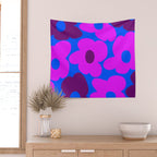 Large Pink and Purple Retro Flowers Blue Background #decor #society6 #buyart Wall Tapestry Gallery Image 2