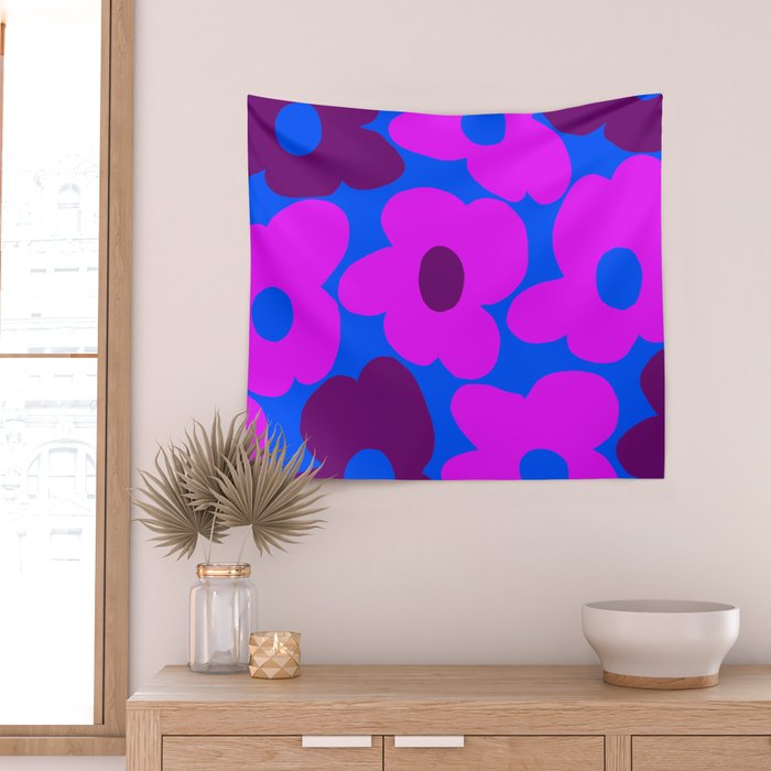 Large Pink and Purple Retro Flowers Blue Background #decor #society6 #buyart Wall Tapestry Gallery Image 2
