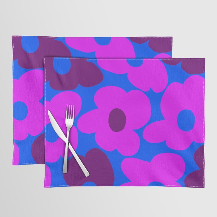 Large Pink and Purple Retro Flowers Blue Background #decor #society6 #buyart Placemat Gallery Image 1