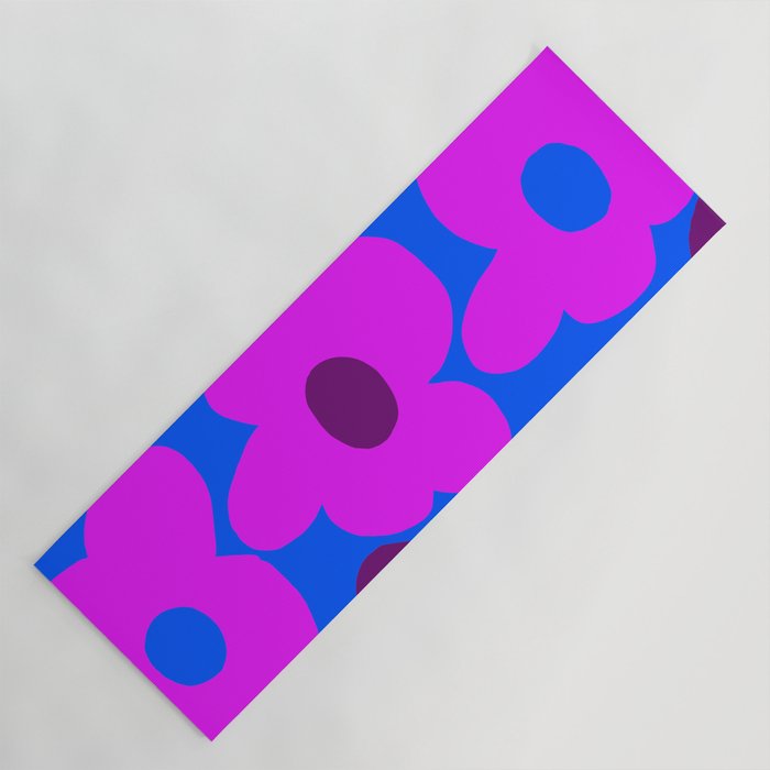 Large Pink and Purple Retro Flowers Blue Background #decor #society6 #buyart Yoga Mat Gallery Image 1