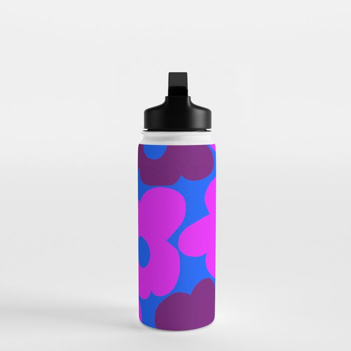 Large Pink and Purple Retro Flowers Blue Background #decor #society6 #buyart Water Bottle Gallery Image 3