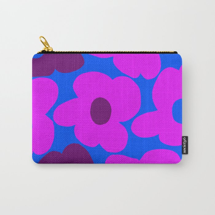 Large Pink and Purple Retro Flowers Blue Background #decor #society6 #buyart Carry All Pouch Gallery Image 1