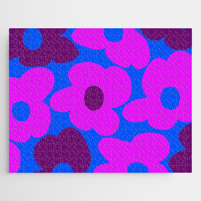 Large Pink and Purple Retro Flowers Blue Background #decor #society6 #buyart Jigsaw Puzzle Gallery Image 1