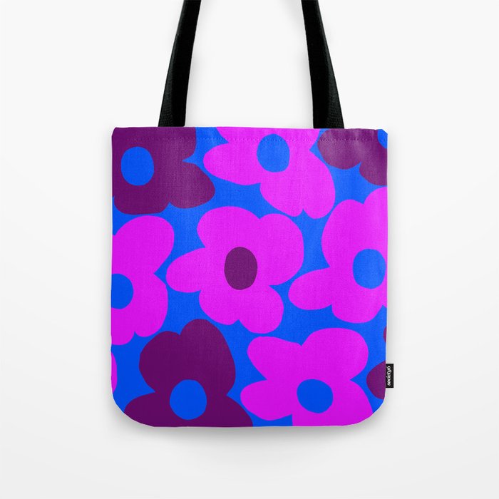 Large Pink and Purple Retro Flowers Blue Background #decor #society6 #buyart Tote Bag Gallery Image 1