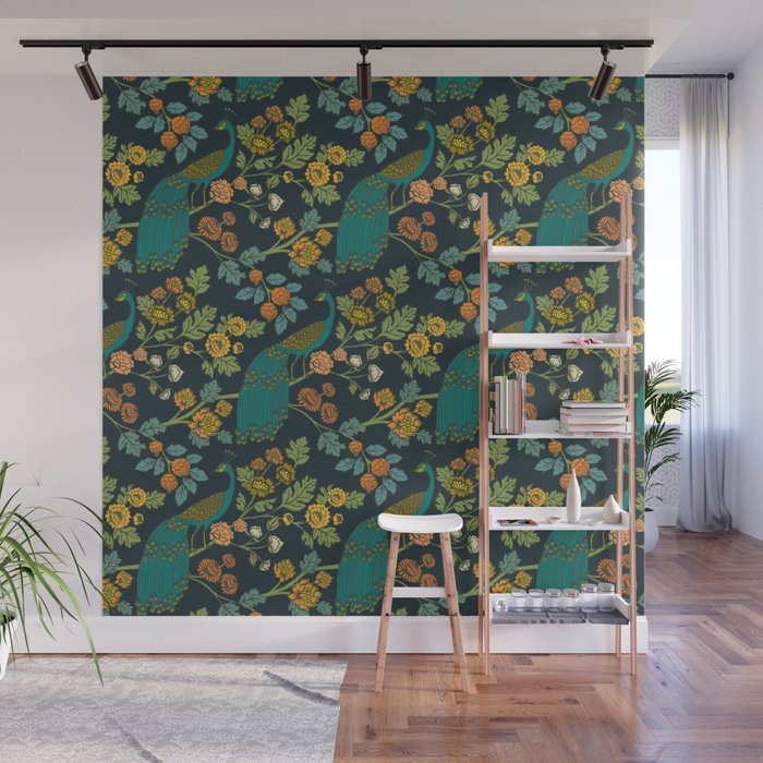 Peacock Garden Midnight Wonderland Chinoiserie Wall Mural Gallery Image 1
