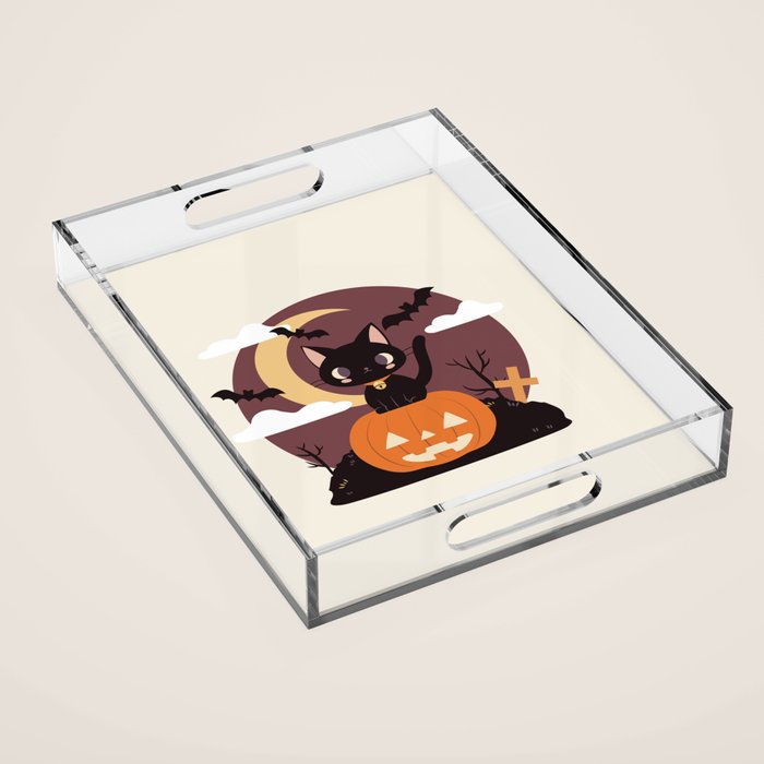 Spooky Cat on a Pumpkin Acrylic Tray Gallery Image 1