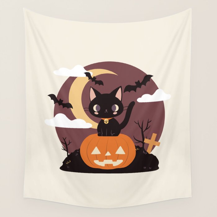 Spooky Cat on a Pumpkin Wall Tapestry Gallery Image 4