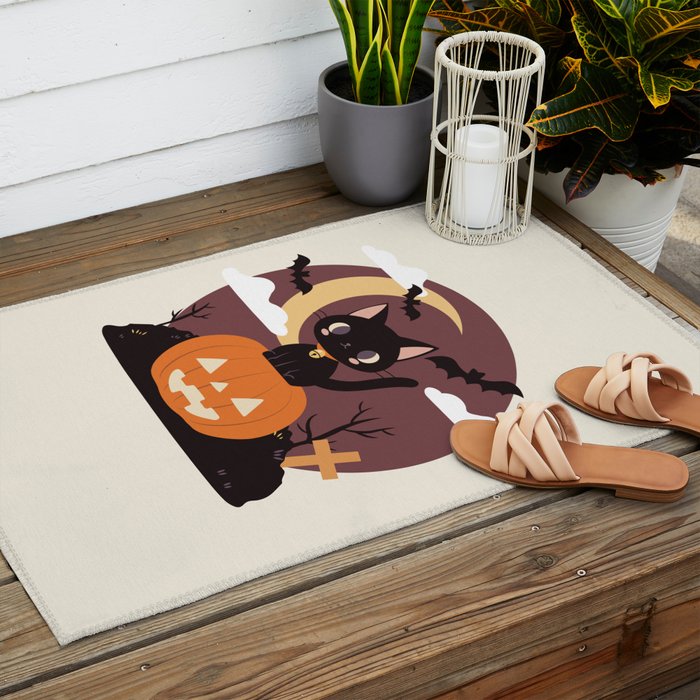 Spooky Cat on a Pumpkin Outdoor Rug Gallery Image 2