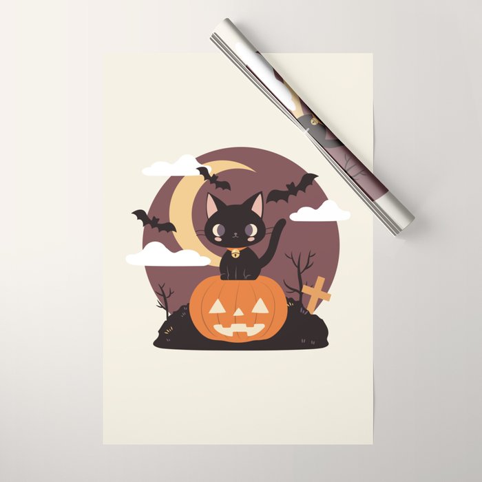 Spooky Cat on a Pumpkin Wrapping Paper Gallery Image 1