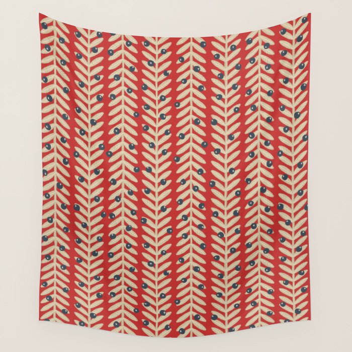 Festive Berries / Red, Beige & Blue Wall Tapestry Gallery Image 1