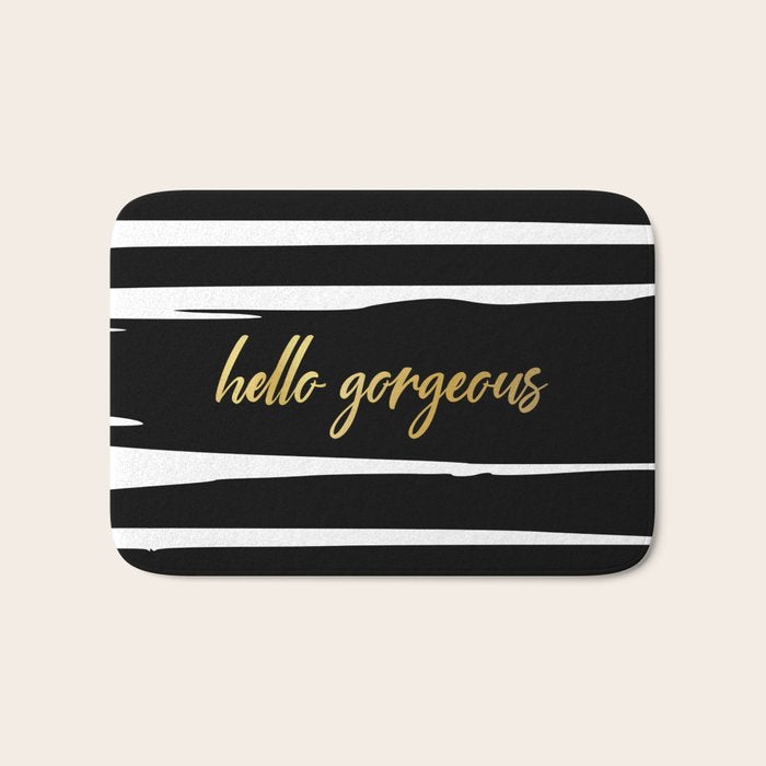 Hello Gorgeous, Gold, Black and White Print Bath Mat Gallery Image 1