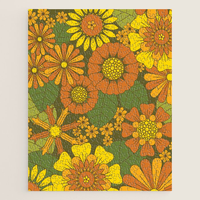 Orange, Brown, Yellow and Green Retro Daisy Pattern Jigsaw Puzzle Gallery Image 1
