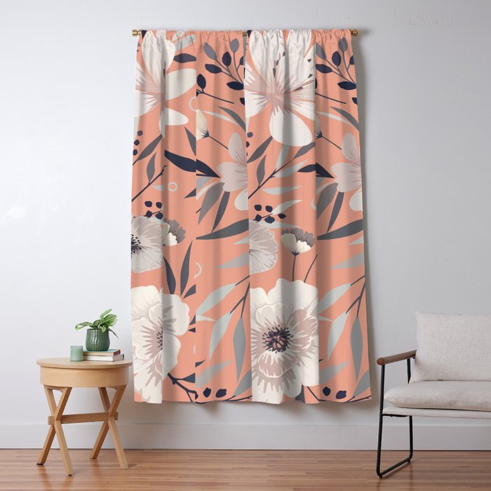Modern, Boho, Floral Prints, Peach, Coral Gray, White Window Curtain Gallery Image 1