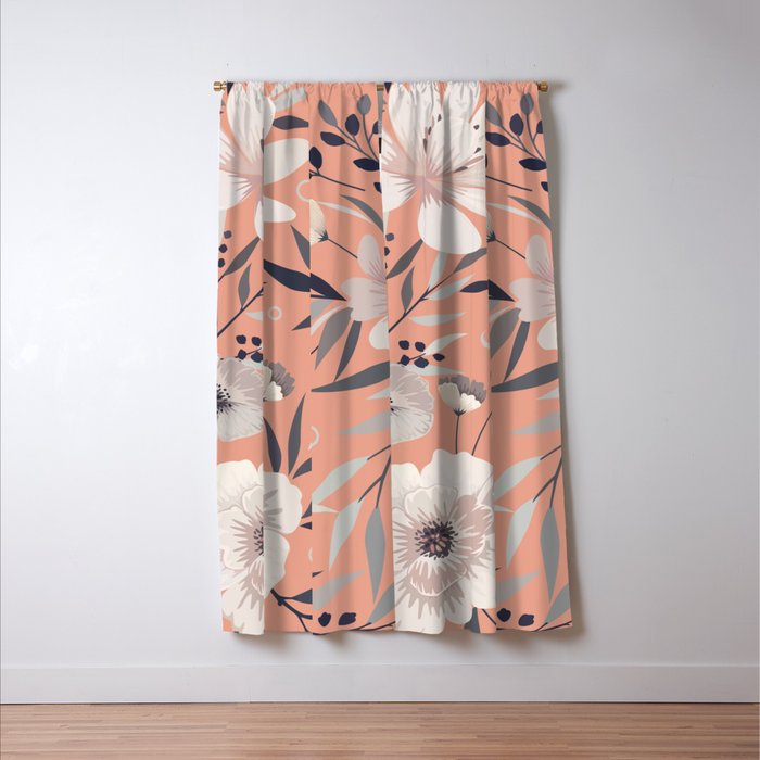 Modern, Boho, Floral Prints, Peach, Coral Gray, White Window Curtain Gallery Image 3