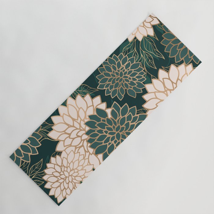 Floral Aesthetic in Dark Teal Green, Ivory and Gold Yoga Mat Gallery Image 1