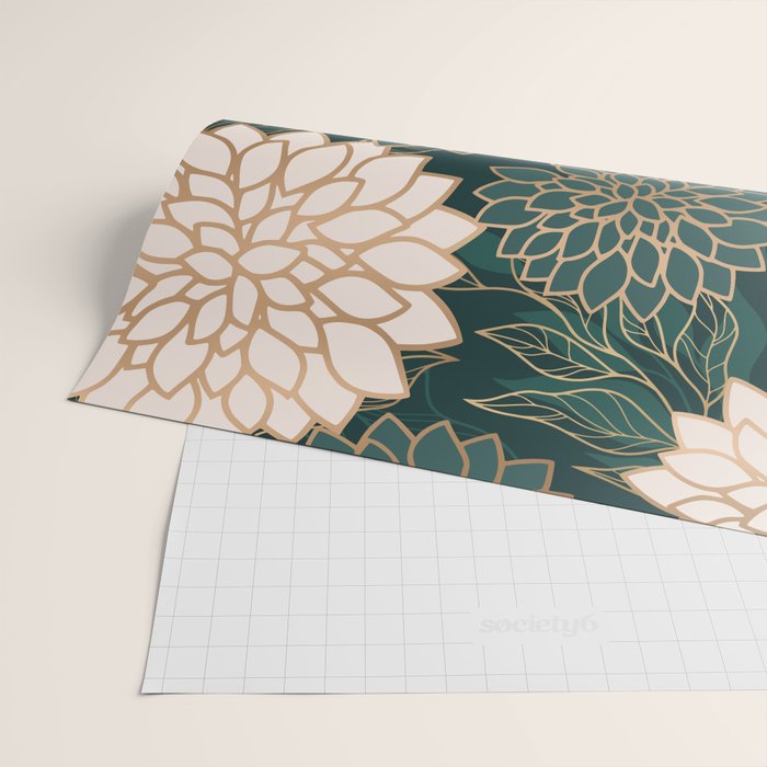 Floral Aesthetic in Dark Teal Green, Ivory and Gold Wrapping Paper Gallery Image 2