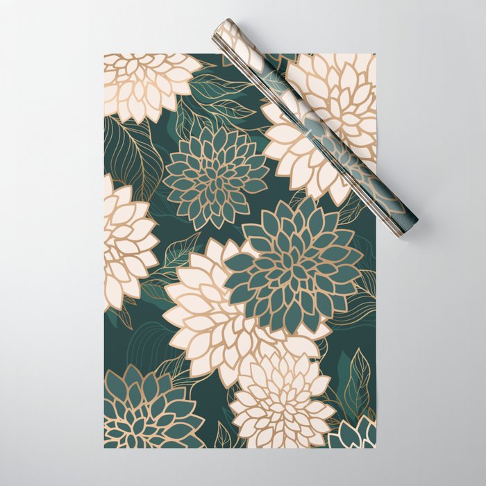 Floral Aesthetic in Dark Teal Green, Ivory and Gold Wrapping Paper Gallery Image 1