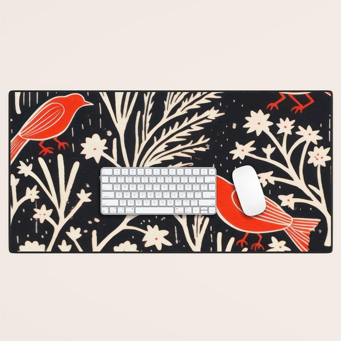 Red And Black Woodblock Birds Desk Mat Gallery Image 1