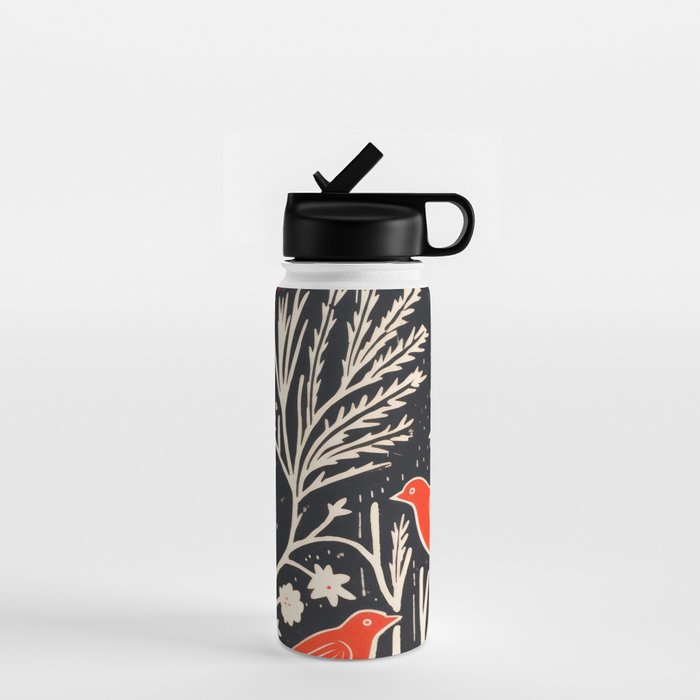 Red And Black Woodblock Birds Water Bottle Gallery Image 1