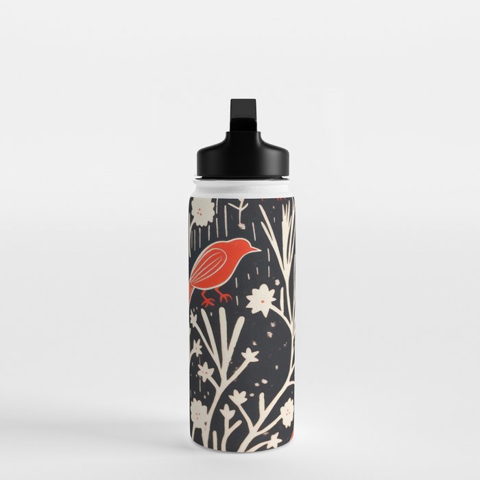 Red And Black Woodblock Birds Water Bottle Gallery Image 3