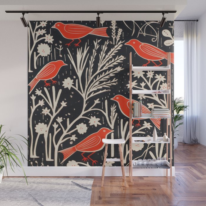 Red And Black Woodblock Birds Wall Mural Gallery Image 1
