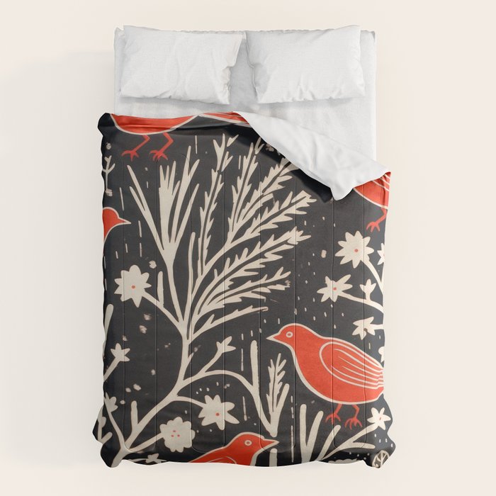 Red And Black Woodblock Birds Comforter Gallery Image 1