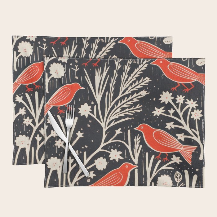 Red And Black Woodblock Birds Placemat Gallery Image 1