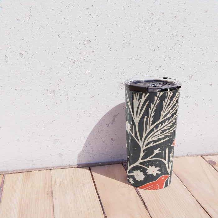 Red And Black Woodblock Birds Travel Mug Gallery Image 4
