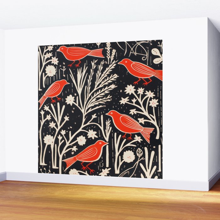 Red And Black Woodblock Birds Wall Mural Gallery Image 2