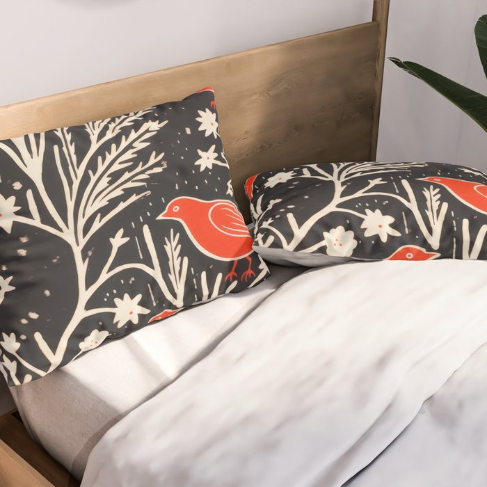 Red And Black Woodblock Birds Pillow Sham Gallery Image 2