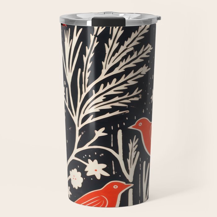 Red And Black Woodblock Birds Travel Mug Gallery Image 1