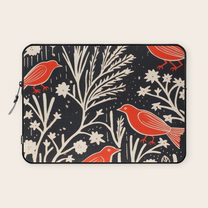 Red And Black Woodblock Birds Laptop Sleeve Gallery Image 1