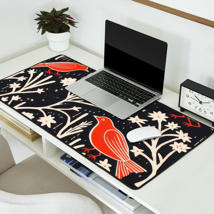 Red And Black Woodblock Birds Desk Mat Gallery Image 2