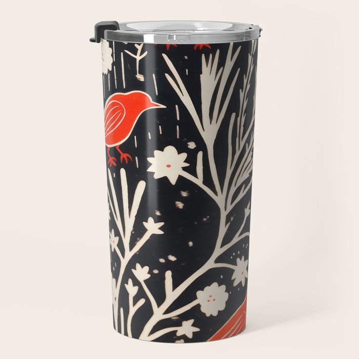 Red And Black Woodblock Birds Travel Mug Gallery Image 3