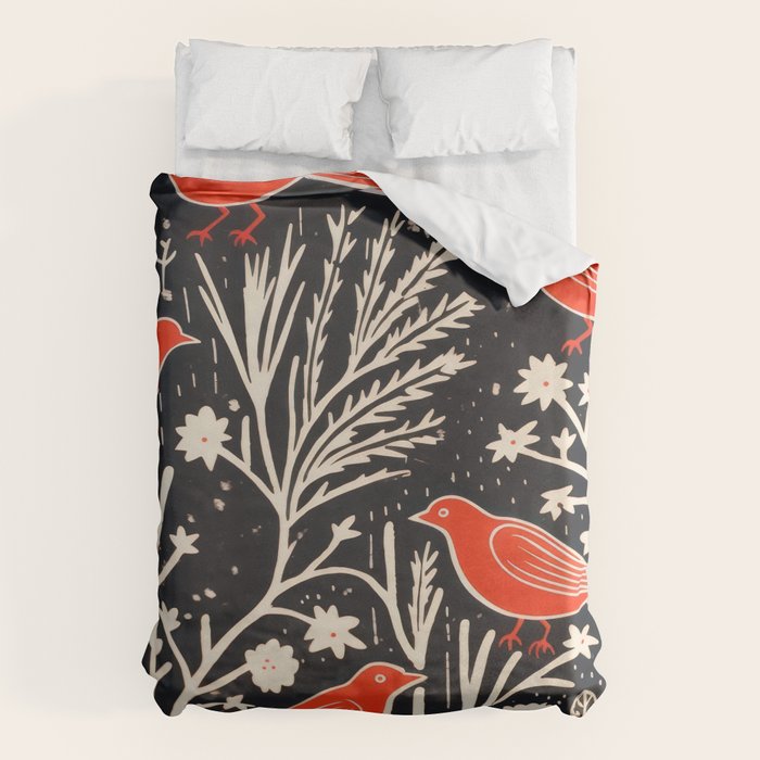 Red And Black Woodblock Birds Duvet Cover Gallery Image 6