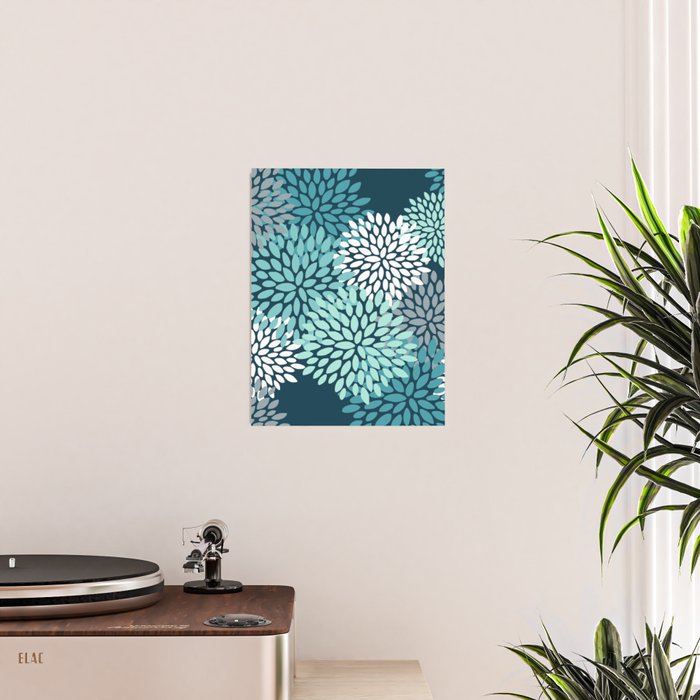 Modern Flowers Print, Teal and White Poster Gallery Image 2