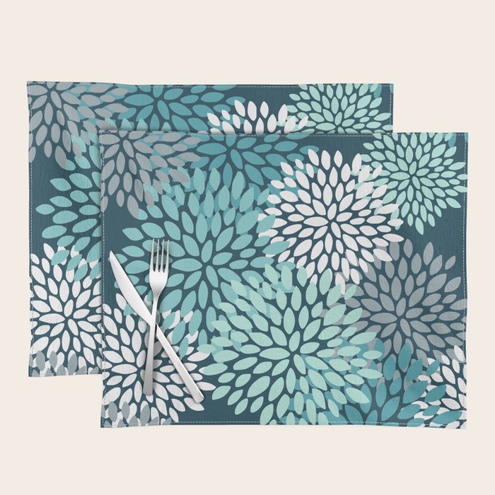 Modern Flowers Print, Teal and White Placemat Gallery Image 1