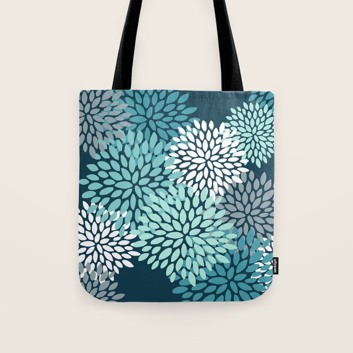 Modern Flowers Print, Teal and White Tote Bag Gallery Image 1