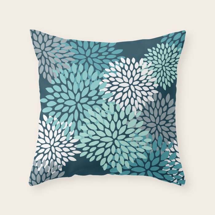 Modern Flowers Print, Teal and White Throw Pillow Gallery Image 1
