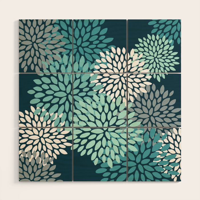 Modern Flowers Print, Teal and White Wood Wall Art Gallery Image 1