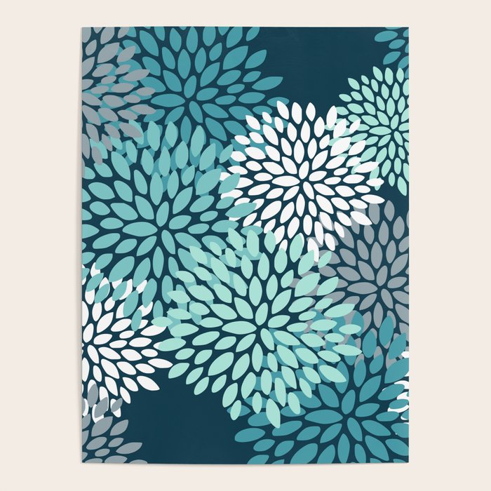 Modern Flowers Print, Teal and White Poster Gallery Image 1