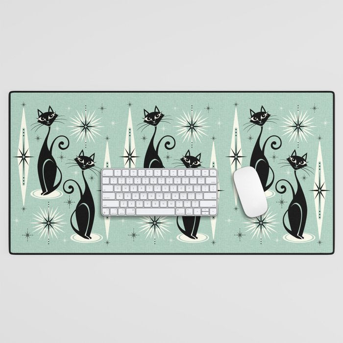 Mid Century Meow Retro Atomic Cats Mint Desk Mat Gallery Image 1