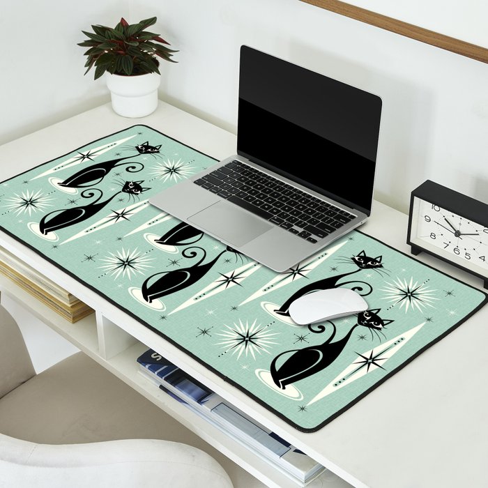 Mid Century Meow Retro Atomic Cats Mint Desk Mat Gallery Image 2